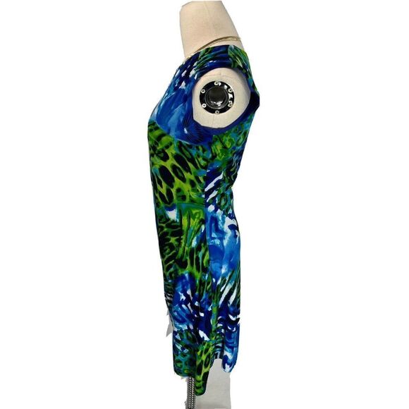 Joseph Ribkoff Dress Hawaiian Tropical Sheath Ruched Line Sleeveless Size 8 Blue - Picture 3 of 14